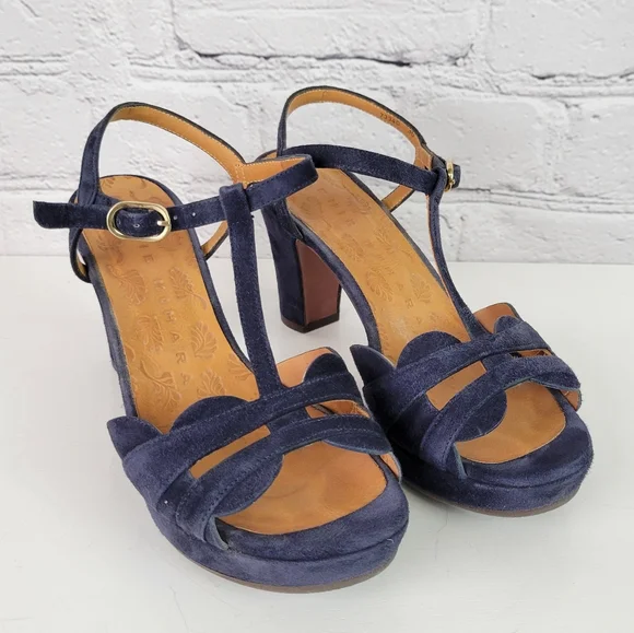 CHIE MIHARA Blue Suede T-strap Strappy Platform Sandals - Picture 2 of 13